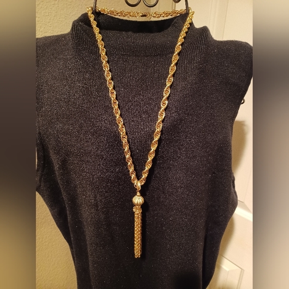 Vintage Boho Gold Chain Tassel Necklace Unmarked 70's Jewelry - Picture 6 of 6